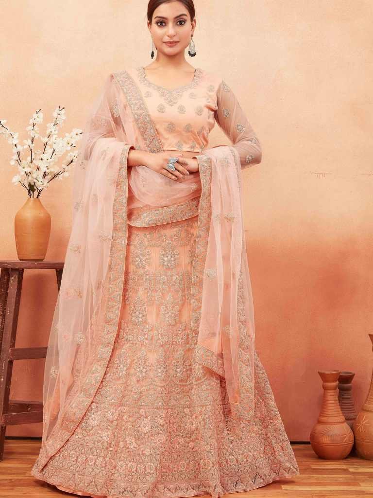 Peach Stone Work Net Lehenga choli by Fab Funda