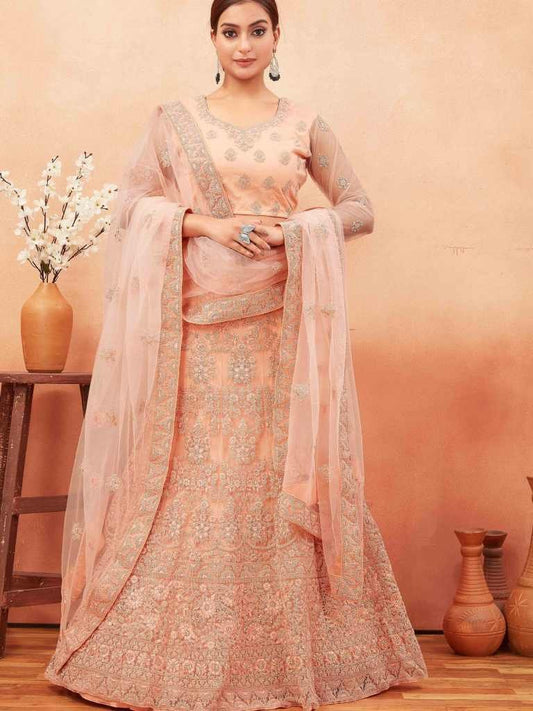 Peach Stone Work Net Lehenga choli by Fab Funda