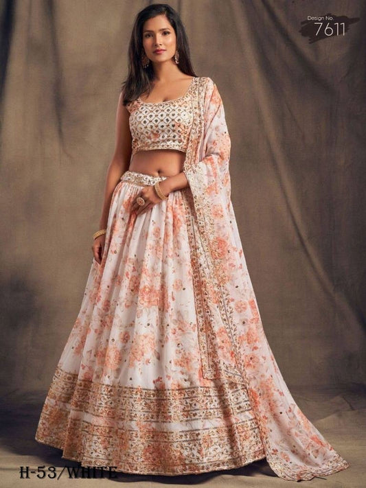 Peach White Heavy Printed Organza Lehenga Choli