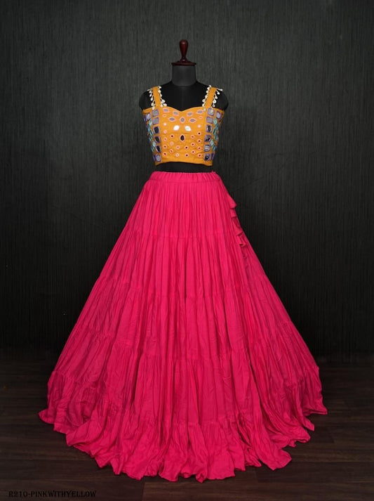 Pink Real Mirror Work Rayon Navratri Lehenga Choli With Yellow Blouse