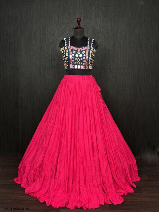 Pink Real Mirror Work Rayon Navratri Lehenga Choli With Blue Blouse