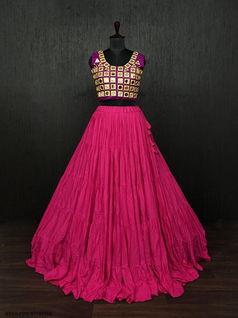 Pink Real Mirror Work Rayon Navratri Lehenga Choli With Pink Blouse
