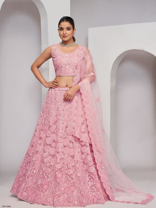 Pink Soft Net Embroidery Lehenga Choli
