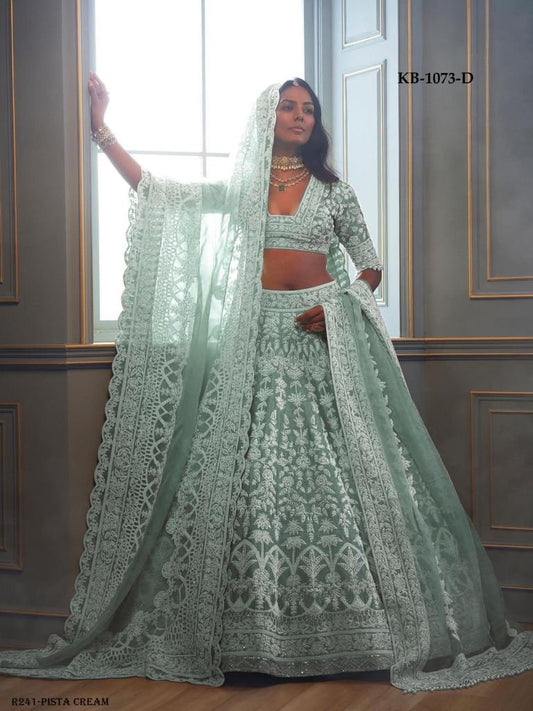Pista Cream Exclusive Heavy Butterfly Net Bridal Lehenga Choli