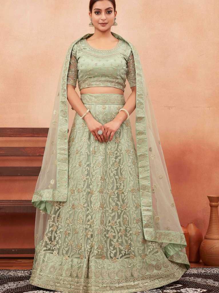 Pista Green Embroidered Foil Work Net Lehenga Choli