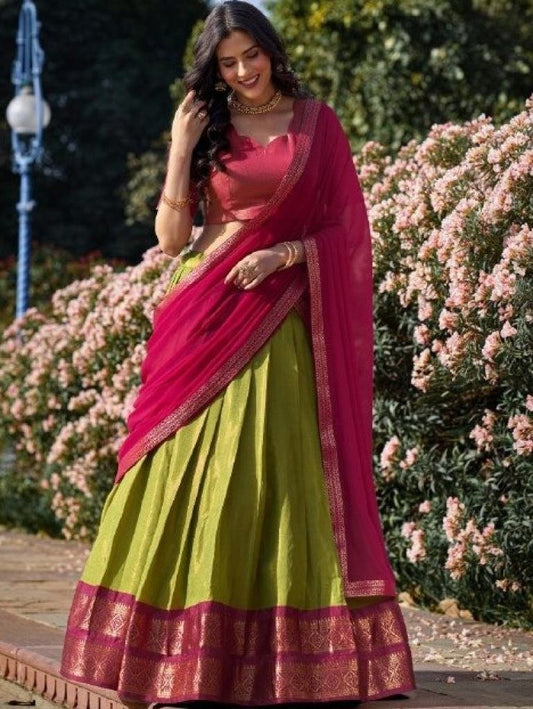 Pista Green Kanchipuram Silk Zari Woven Lehenga With Pink Dupatta