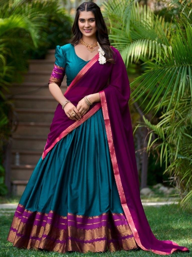 Poly Cotton Fabric Teal Green Color Half Lehenga Saree