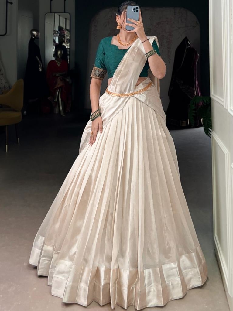 Poly Tussar Fabric Green Blouse With White Half Lehenga Saree