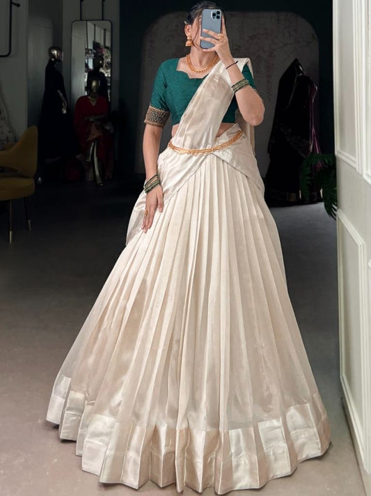 Poly Tussar Fabric Green Blouse With White Half Lehenga Saree