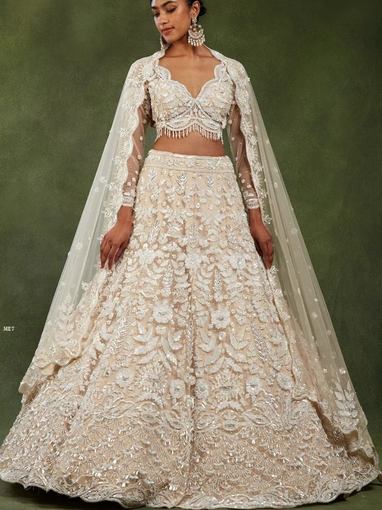 Presenting Wedding Wear Beautiful Butterfly Net Beige Lehenga