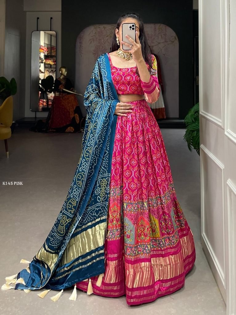 Presetting Pink Gaji Silk Lehenga Set With Lagdi Patta