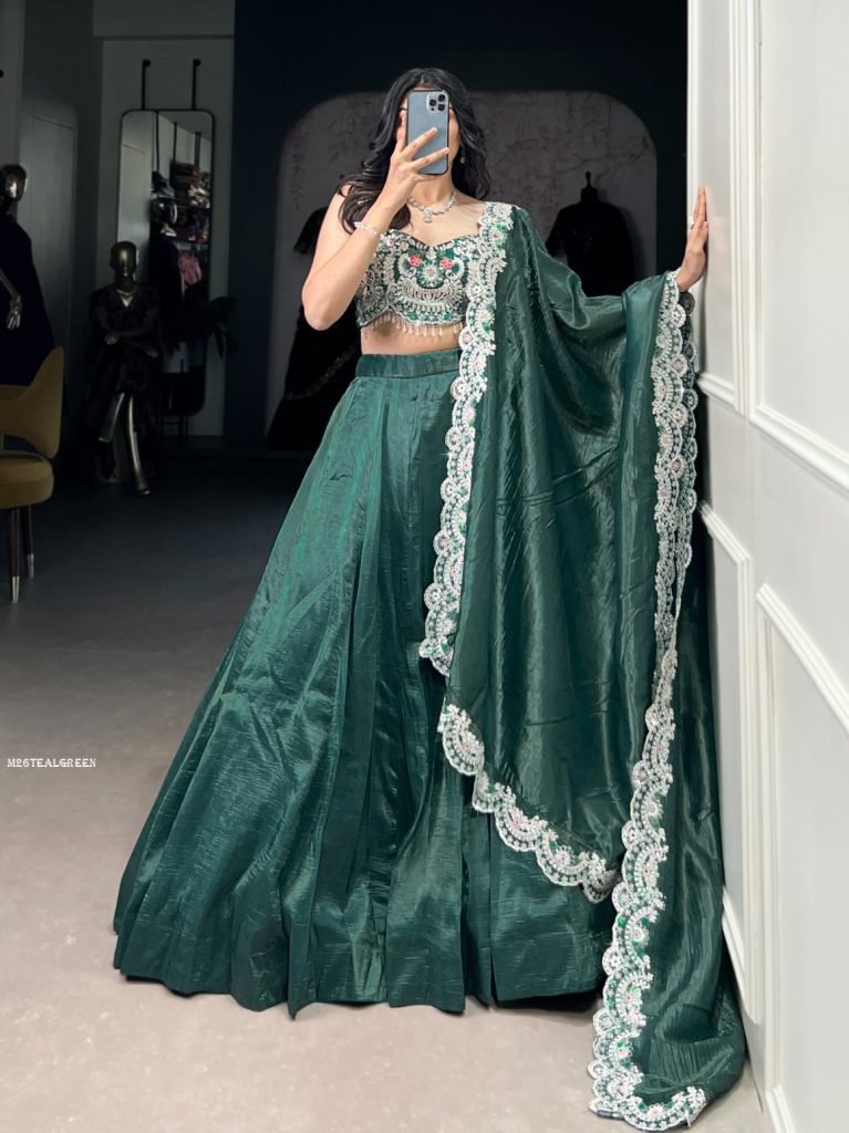 Prettiest Jarkan Diamond Work Teal Green Lehenga