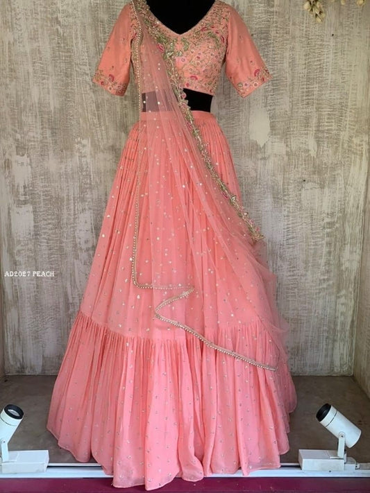 Pretty Peach Georgette Lehenga Choli by Fab Funda