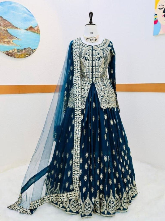 Prussian Blue Color Georgette Indo Western Dresses