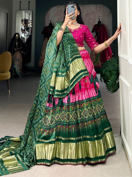 Pure Gaji Silk Pink Bandhej Digital Print Lehenga Choli Dupatta