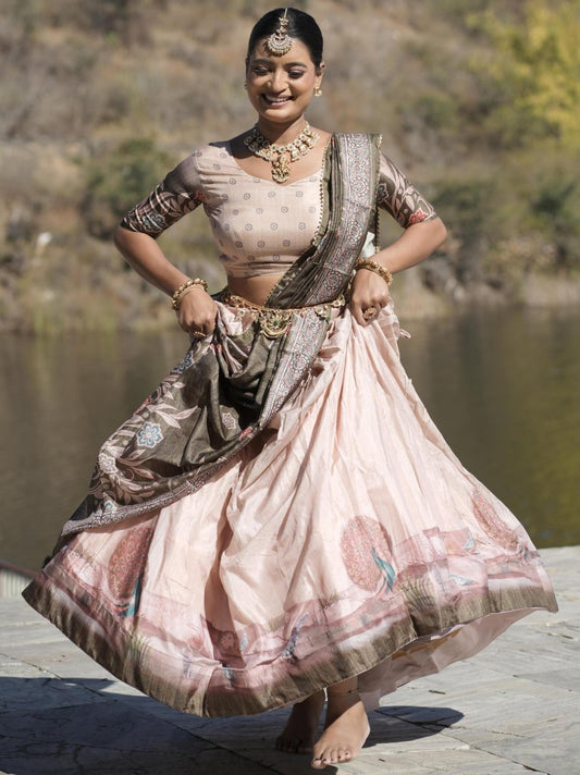 Pure Manipuri Silk Pista Kalamkari Fully Printed Lehenga