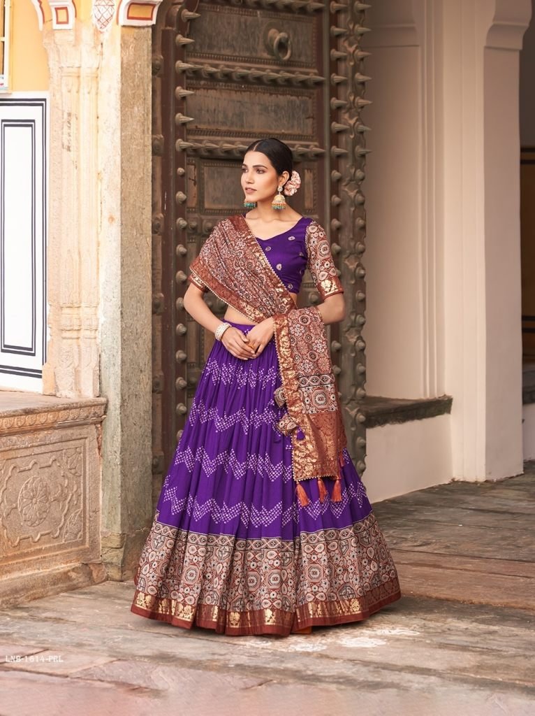 Purple Ajarakh Printed Tussar Silk Lehenga Choli