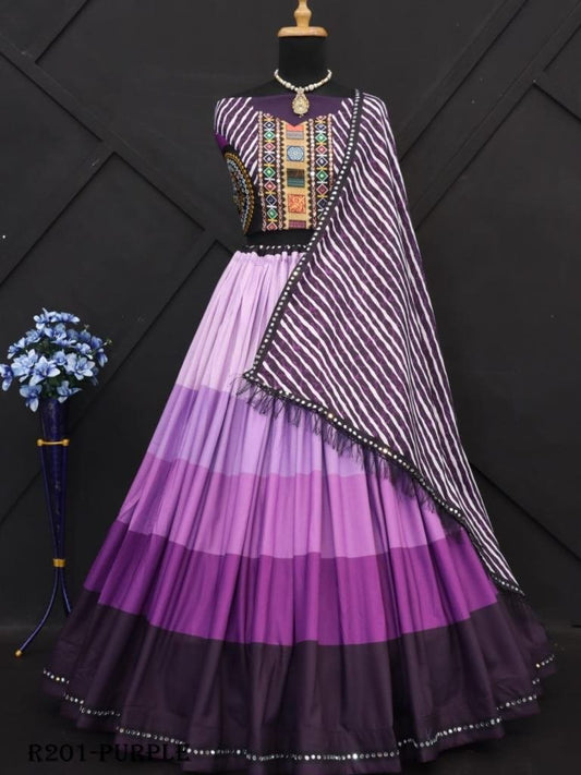 Purple Digital Printed Muslin Cotton Lehenga Choli With Real Mirror Work