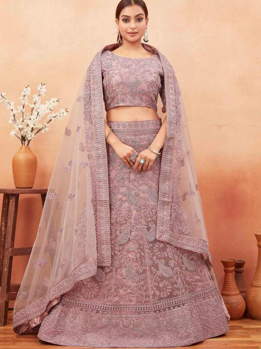 Purple Embroidered Work Net Lehenga choli