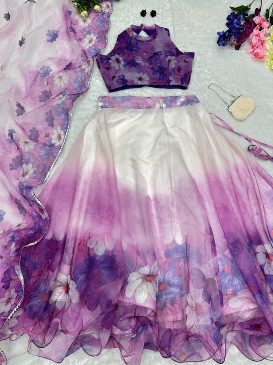 Purple Fully Stitched Lehenga-choli With Printed Dupatta