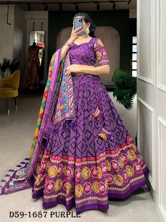 Purple Tussar Silk Lehenga Choli with Bandhej and Patola Print