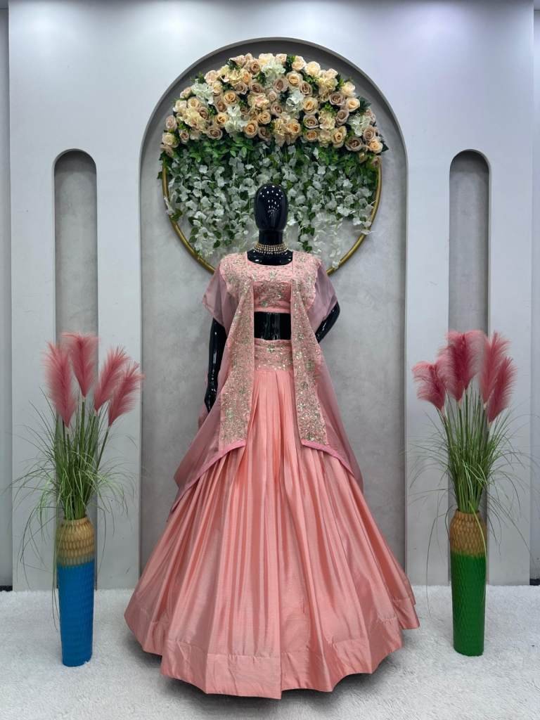 QRC 224 peach color chinnon sequence work  Semi Stitch lehenga choli
