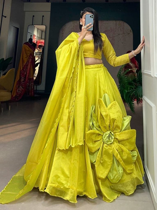Rajwadi Chanderi Silk Lime Green Hand Made Flower Lehenga Choli Dupatta Set