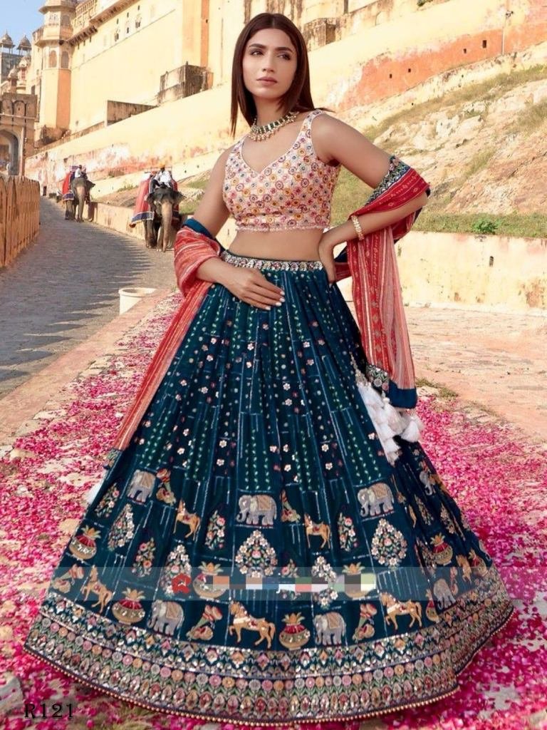 Rama Animal Work Designer Georgette Silk Lehenga Choli With Full Can Can