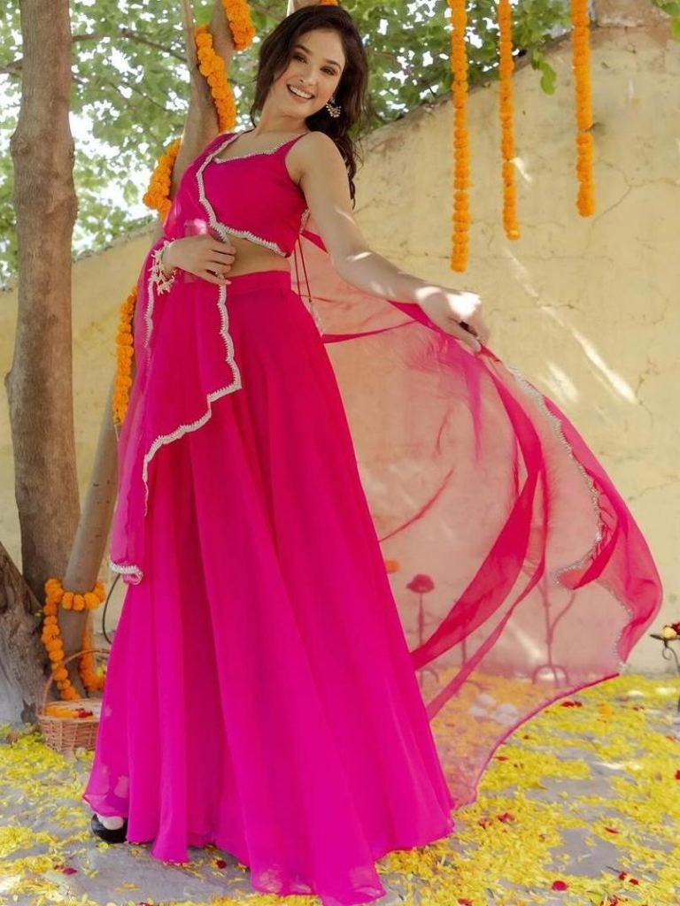 Rani Pink Colour Embroidery Work Lehenga Choli With Dupatta