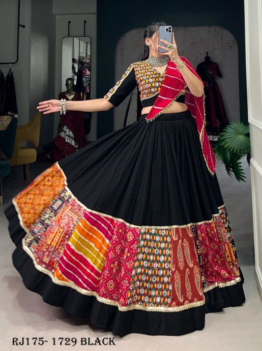 Rayon Printed with Gamthi Work Black Authentic Gujarati Navratri Chaniya Choli
