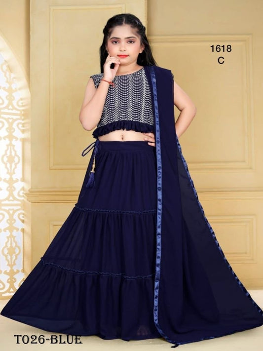 Ready Made Georgette Blue Lehenga Choli With Embroidery Work