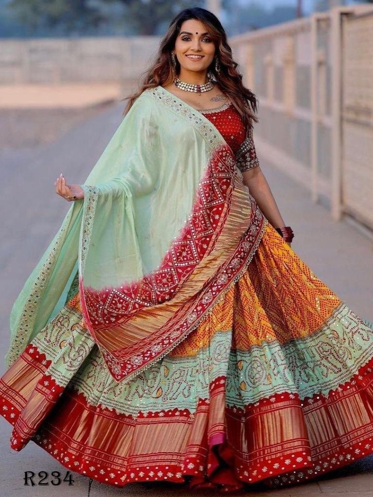 Real Mirror Work And Digital Printed Butter Silk Lehenga Choli