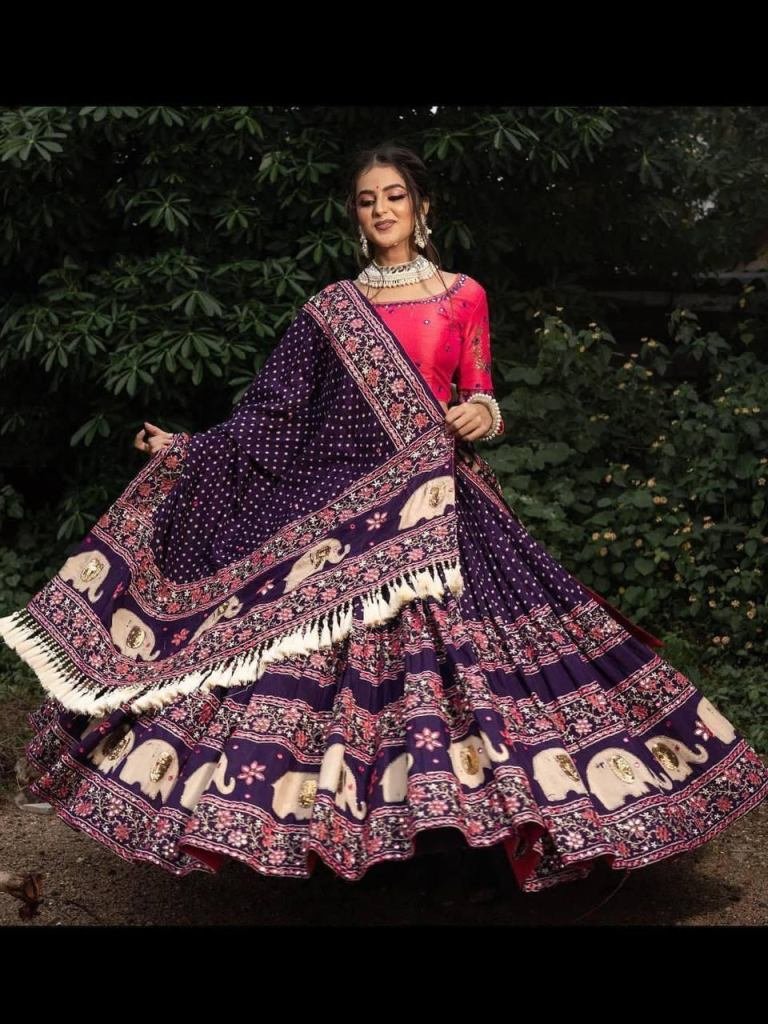 Real Mirror Work Digital Print Butter Silk Purple Lehenga Choli