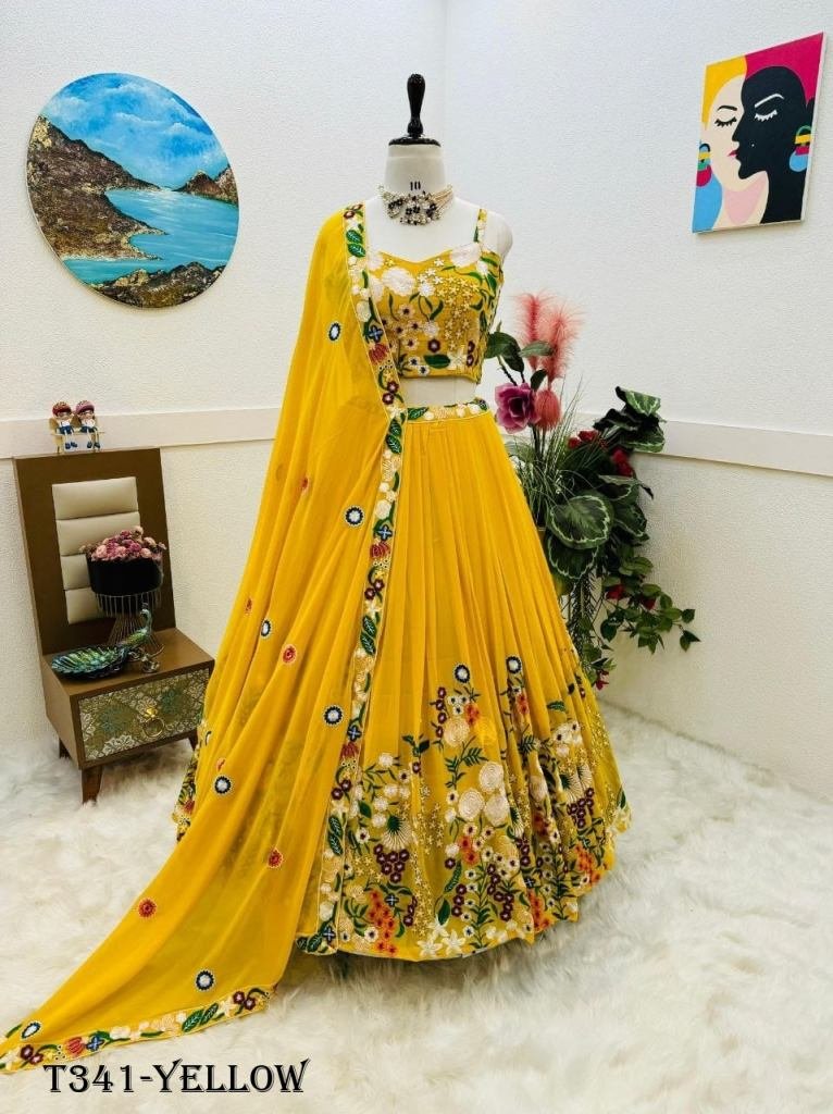 Real Modeling Yellow Georgette Lehenga Choli