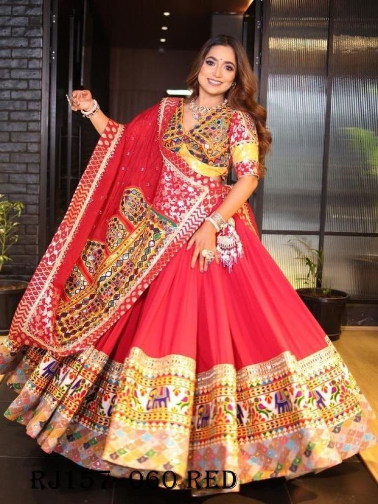 Red Color Digital Printed Mirror Work 4mtr Flair Cotton Navratri Lehenga Choli