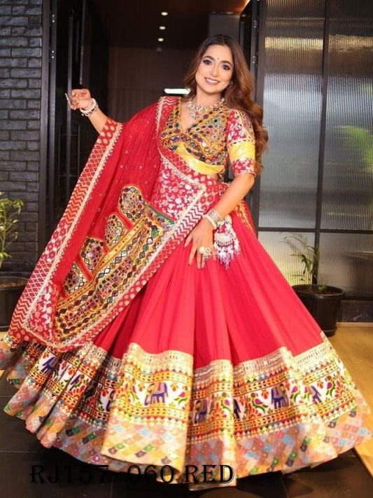 Red Color Digital Printed Mirror Work 4mtr Flair Cotton Navratri Lehenga Choli