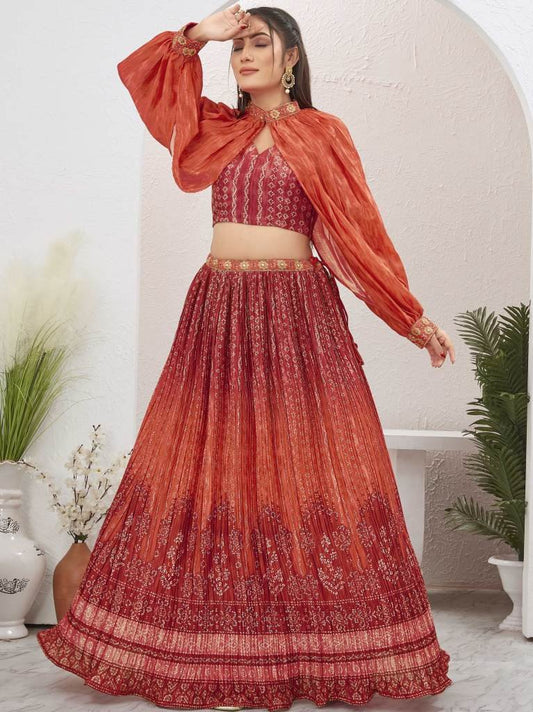 Red color Silk Blend Crushed Readymade Lehenga Choli