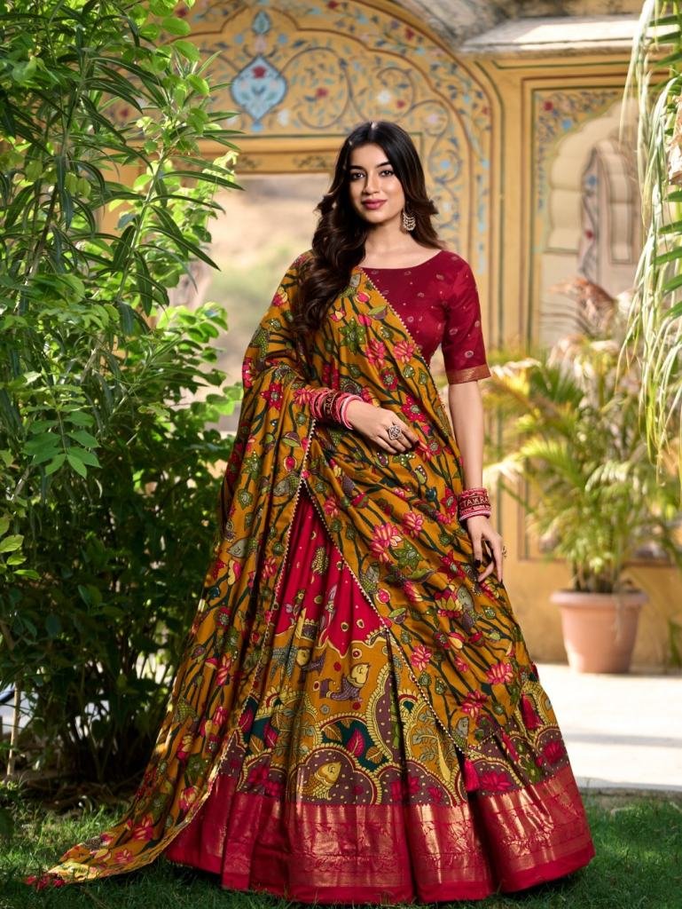 Red Kalamkari Print Tussar Silk Lehenga Choli With Gota Patti Border Dupatta