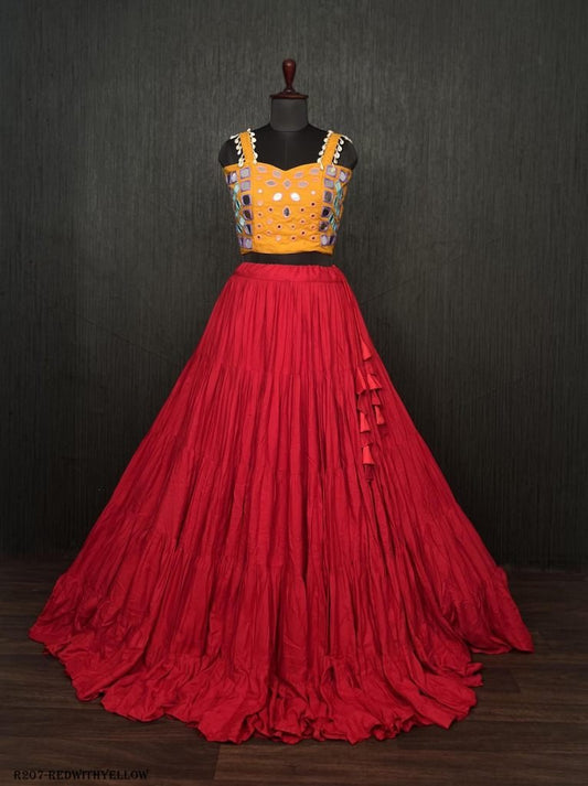 Red Real Mirror Work Rayon Navratri Lehenga Choli With Yellow Blouse