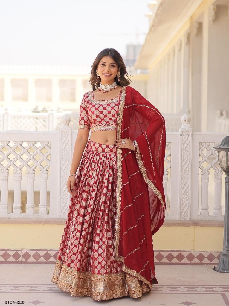 Red Sequence Embroidered Lehenga Choli With 3 5 Meter Flair