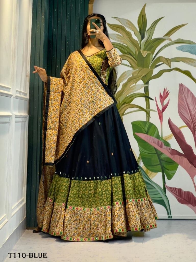 Royal Blue Digital Print Muslin Cotton Lehenga Choli For Traditional Wear