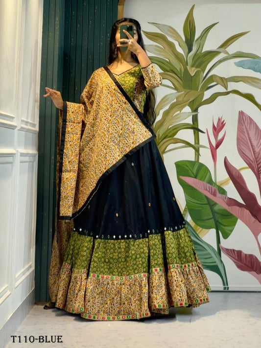 Royal Blue Digital Print Muslin Cotton Lehenga Choli For Traditional Wear