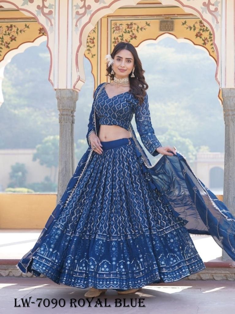 Royal Blue Embroidered Faux Georgette Lehenga Choli