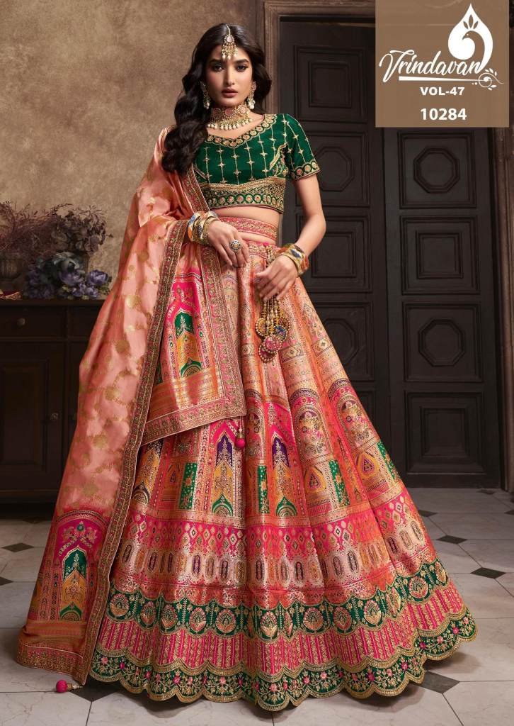Royal Vrindavan Vol 47 Baby Pink and Green Banarasi Silk Lehenga