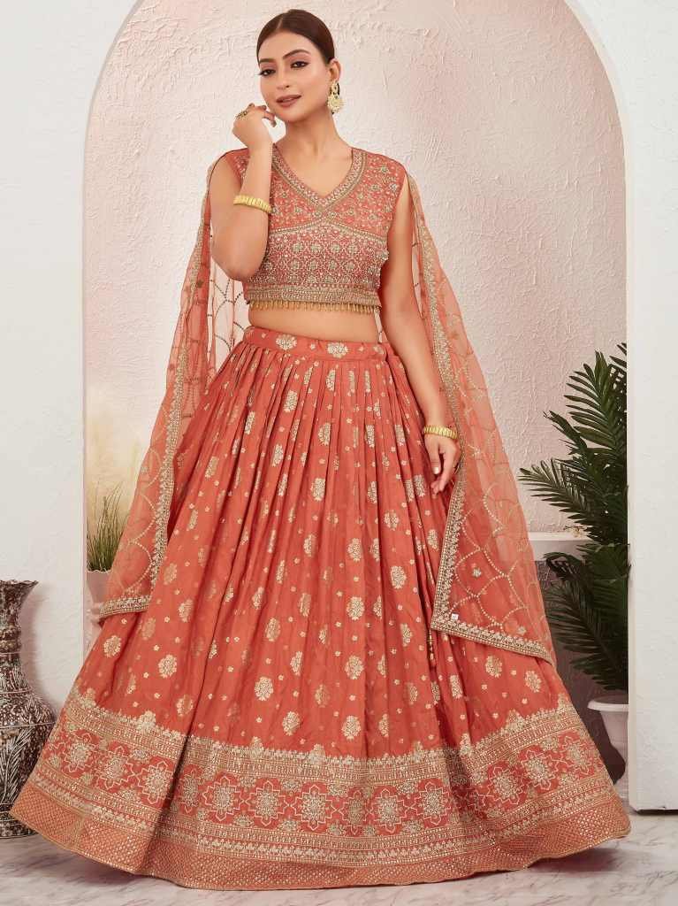 Rust Orange Dola Silk Embroidered  Stitched Lehenga Choli