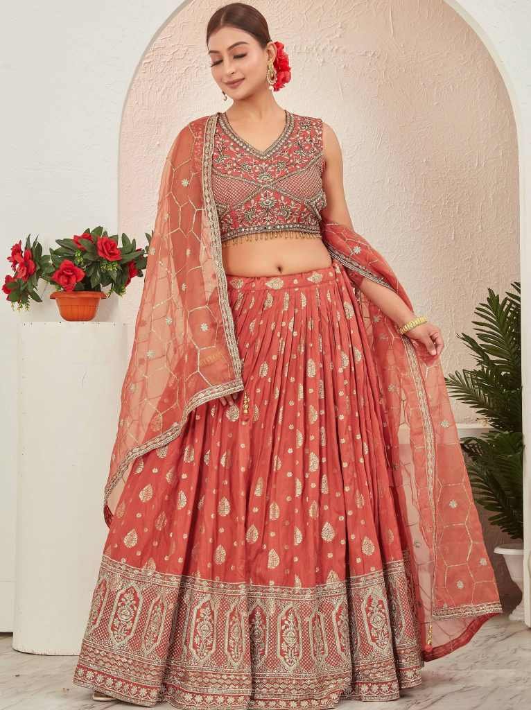 Rusted Orange Embroidered Readymade Lehenga Choli