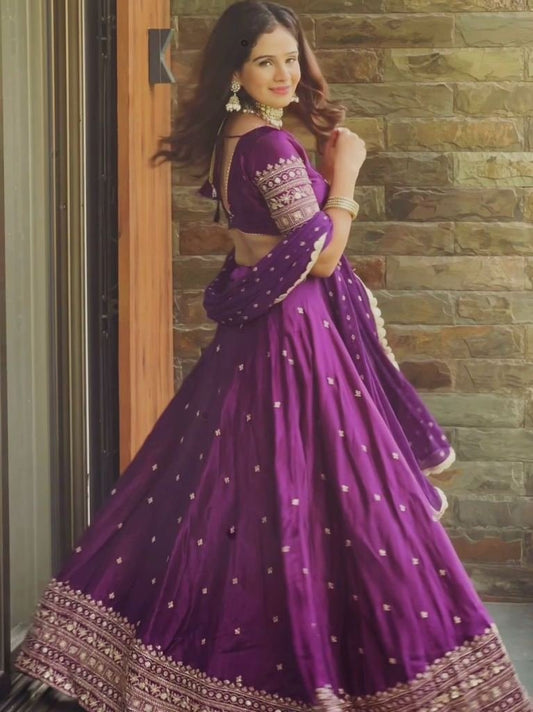 Satin Silk Violet Colour Sequence Work Lehenga