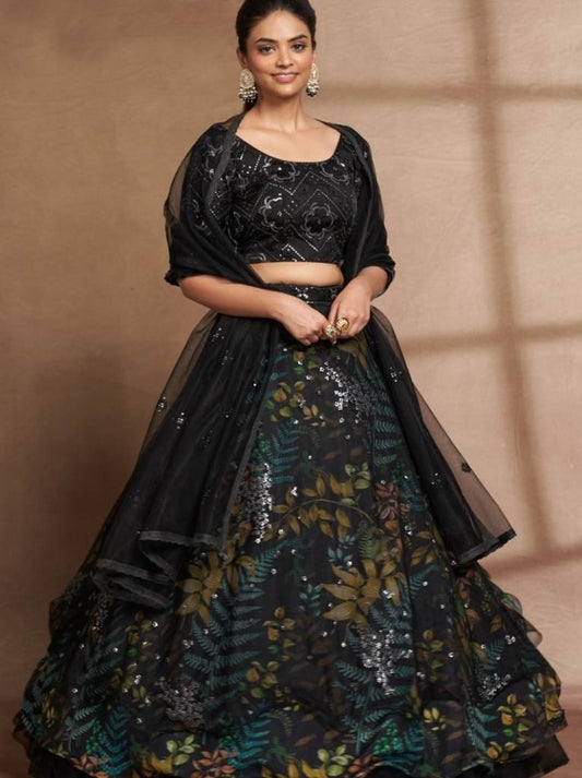 Semi Stitched Black Organza Digital Printed and Sequence Work Lehenga Choli