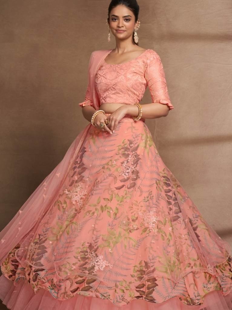Semi Stitched Peach Organza Digital Printed and Sequence Work Lehenga