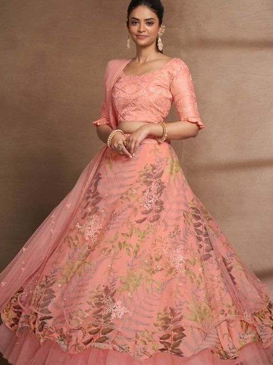 Semi Stitched Peach Organza Digital Printed and Sequence Work Lehenga